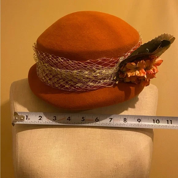 Adolfo Orange 💯 wool felt  Hat with Floral and Leaf Accents Derby style hat - Picture 7 of 12